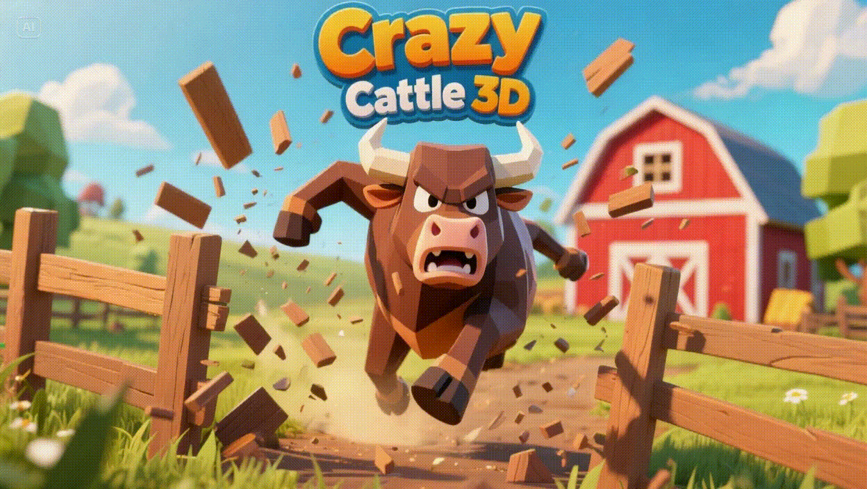 Crazy Cattle 3D Unblocked gameplay banner showing a cow rampaging